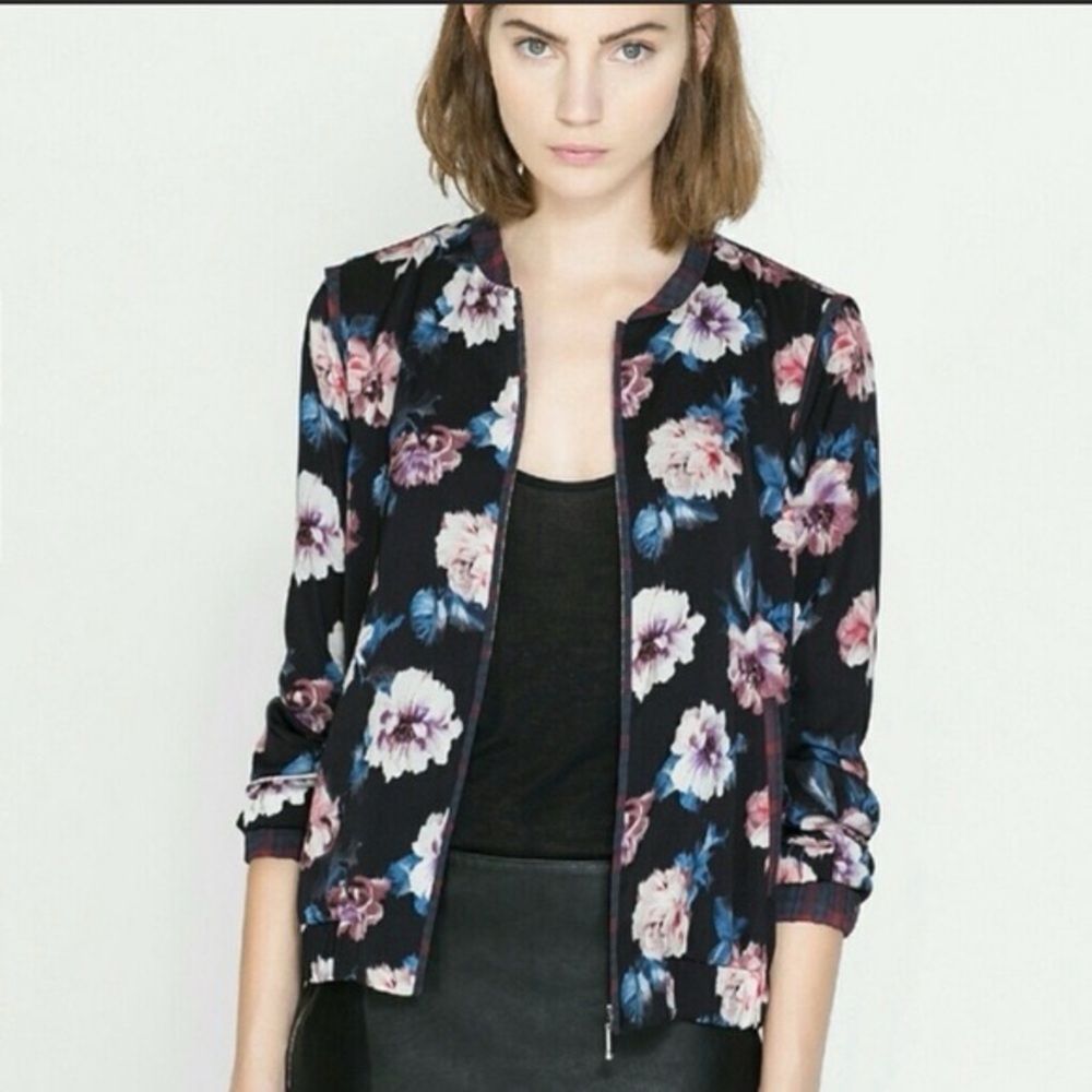 Zara Black Floral Bomber Jacket